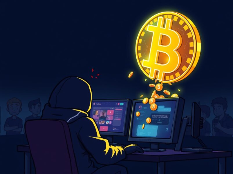 Cartoon illustration of a hacker orchestrating a massive BTC phishing scam through a fake gaming platform.