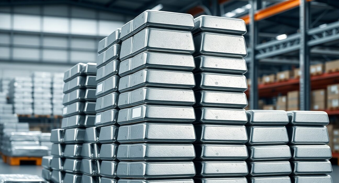 Stacked aluminium ingots representing tightened supply and industrial demand in global markets.
