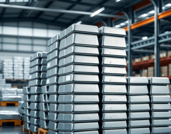 Stacked aluminium ingots representing tightened supply and industrial demand in global markets.