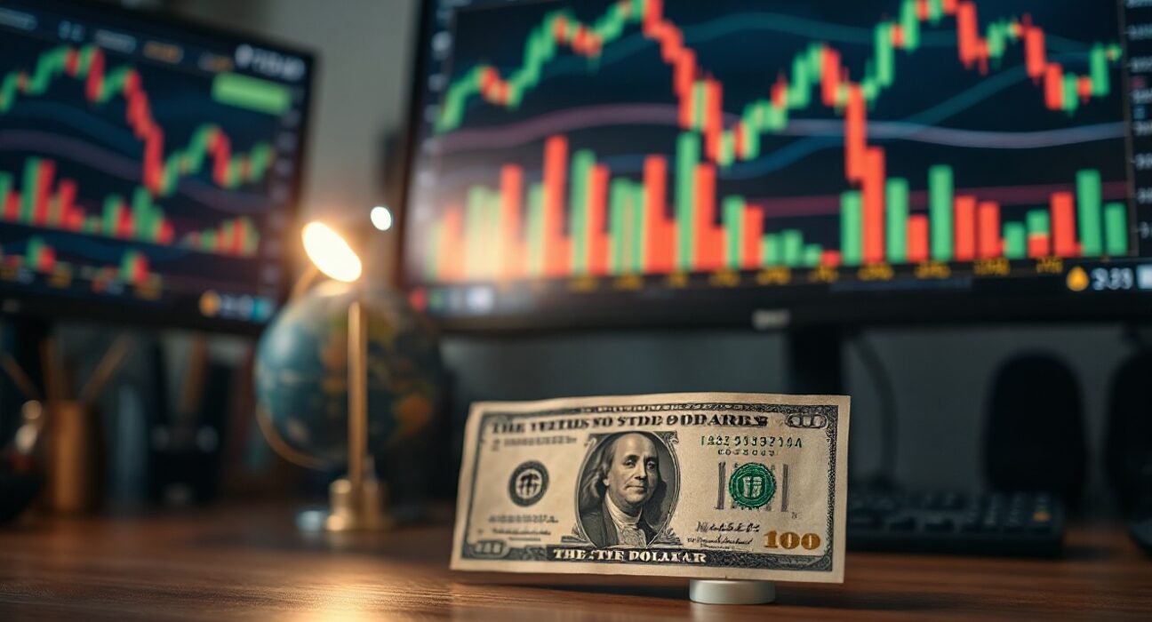 US dollar banknote with financial charts in background representing currency market stability