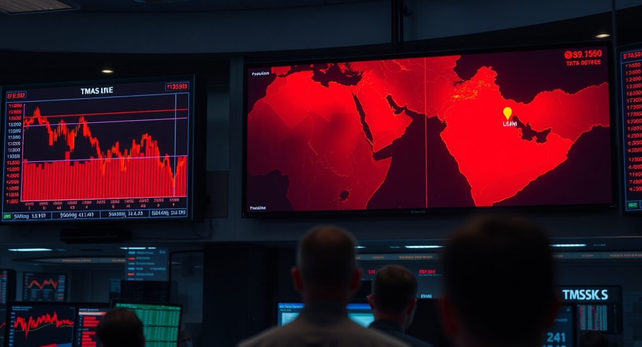 Trading floor monitors showing red charts with a Gulf region map in the background