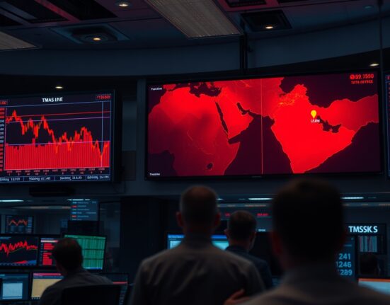 Trading floor monitors showing red charts with a Gulf region map in the background