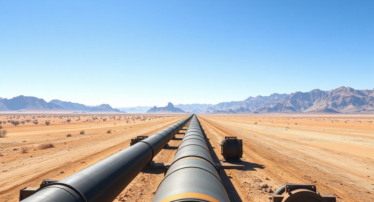 A pipeline traversing the Gulf desert, representing the strategic move to secure oil exports.