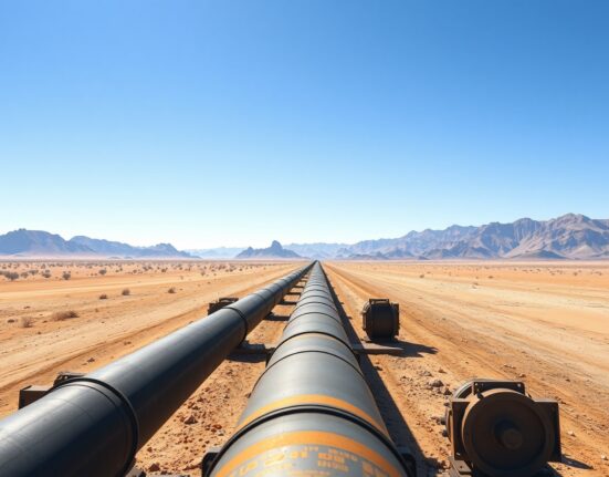 A pipeline traversing the Gulf desert, representing the strategic move to secure oil exports.
