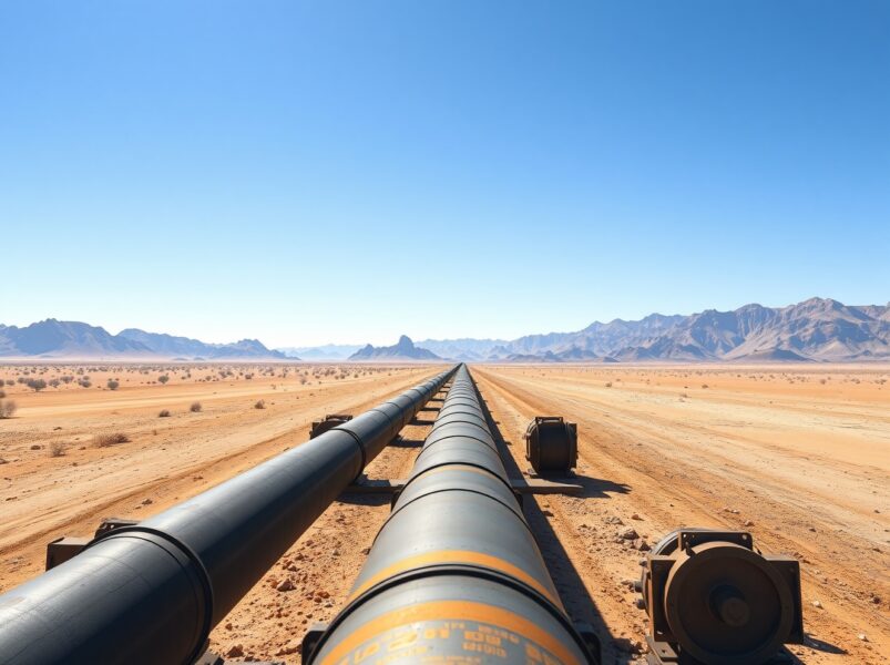 A pipeline traversing the Gulf desert, representing the strategic move to secure oil exports.
