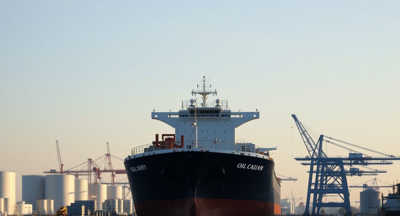 Oil tanker loading at a Gulf port facility under a clear sky, representing supply recovery challenges.