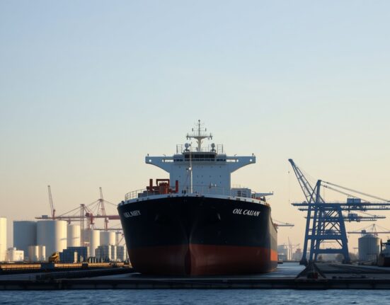 Oil tanker loading at a Gulf port facility under a clear sky, representing supply recovery challenges.