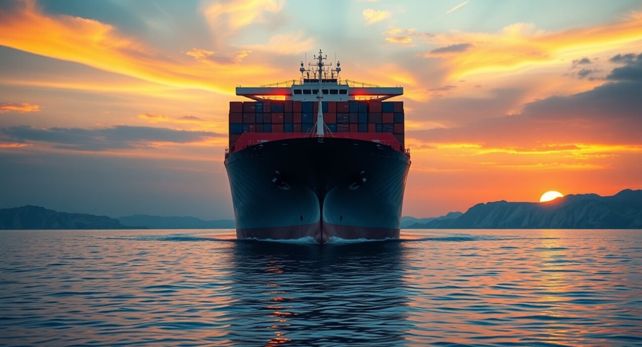 Container ship transiting the Strait of Hormuz, a key waterway now declared a Warlike Operations Area for seafarers.