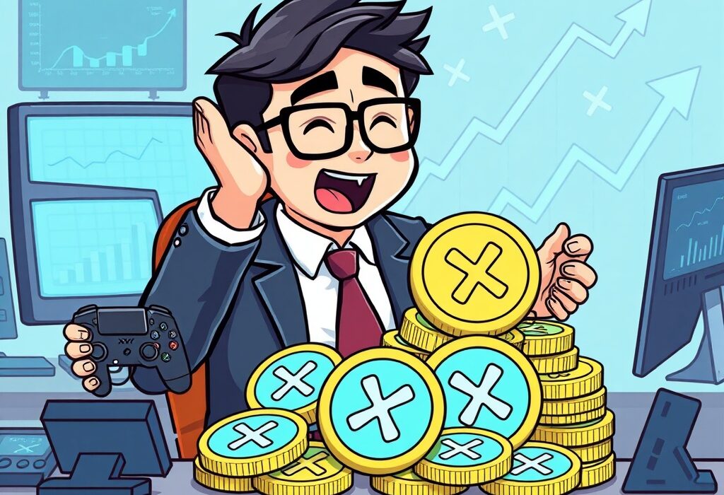 Illustration of a gaming executive making a significant Gumi XRP purchase, symbolizing strategic investment in cryptocurrency.