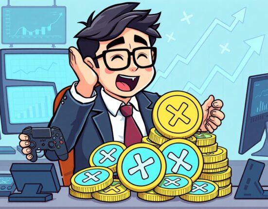 Illustration of a gaming executive making a significant Gumi XRP purchase, symbolizing strategic investment in cryptocurrency.