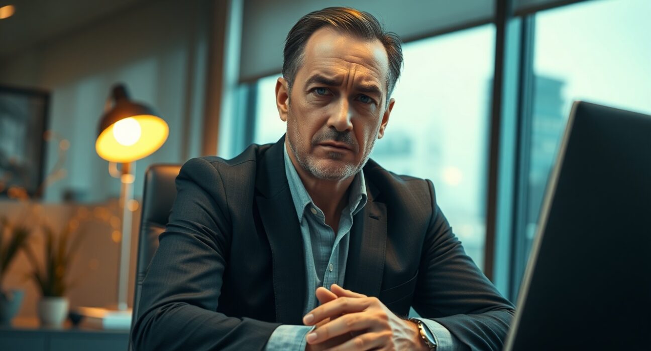 Gabor Gurbacs seated at a desk in a dimly lit office, looking directly at the camera with a serious expression.