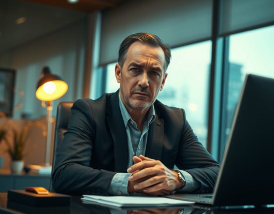 Gabor Gurbacs seated at a desk in a dimly lit office, looking directly at the camera with a serious expression.