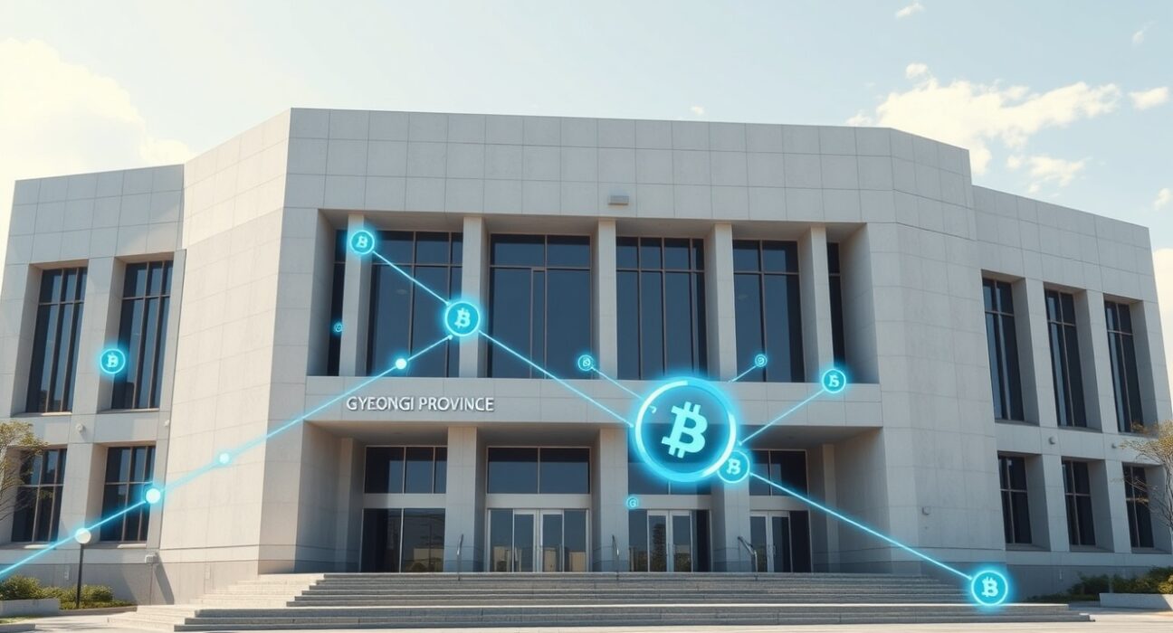 Gyeonggi Province government building with blockchain technology overlay representing stablecoin research initiative