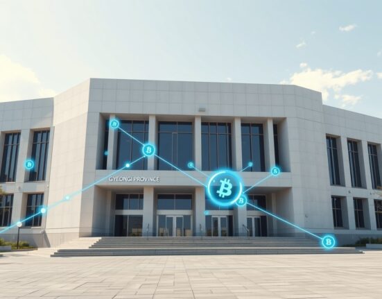 Gyeonggi Province government building with blockchain technology overlay representing stablecoin research initiative