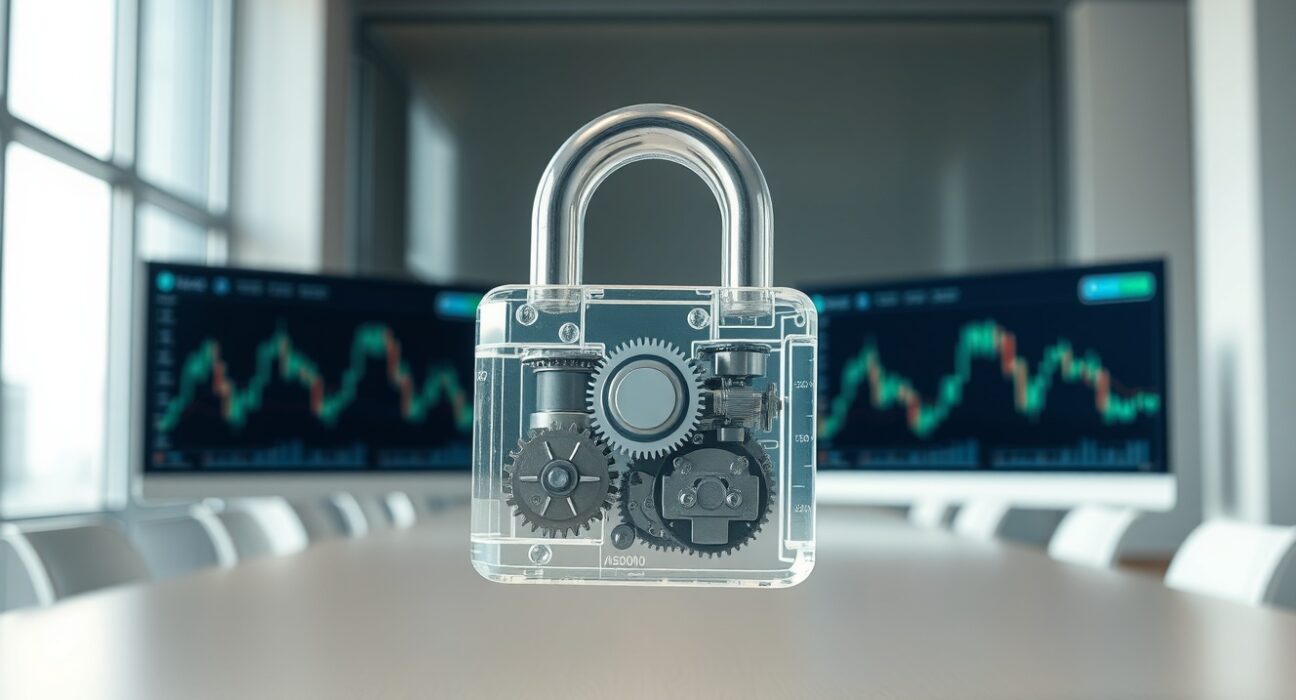 Digital lock mechanism representing cryptocurrency token unlocks and supply release events in financial markets.