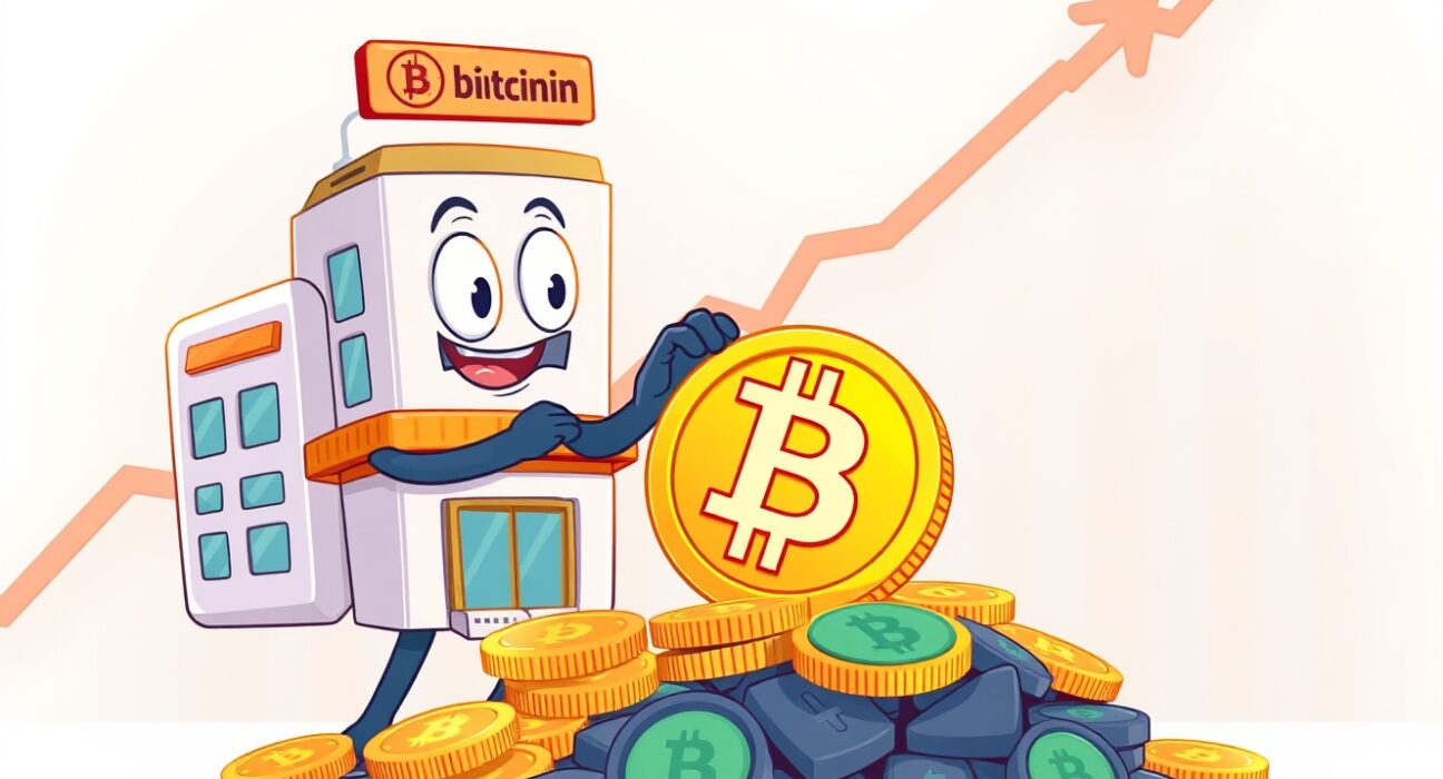 Cartoon illustration showing a company representative adding to a pile of Bitcoin, symbolizing H100's strategic H100 Bitcoin purchase.