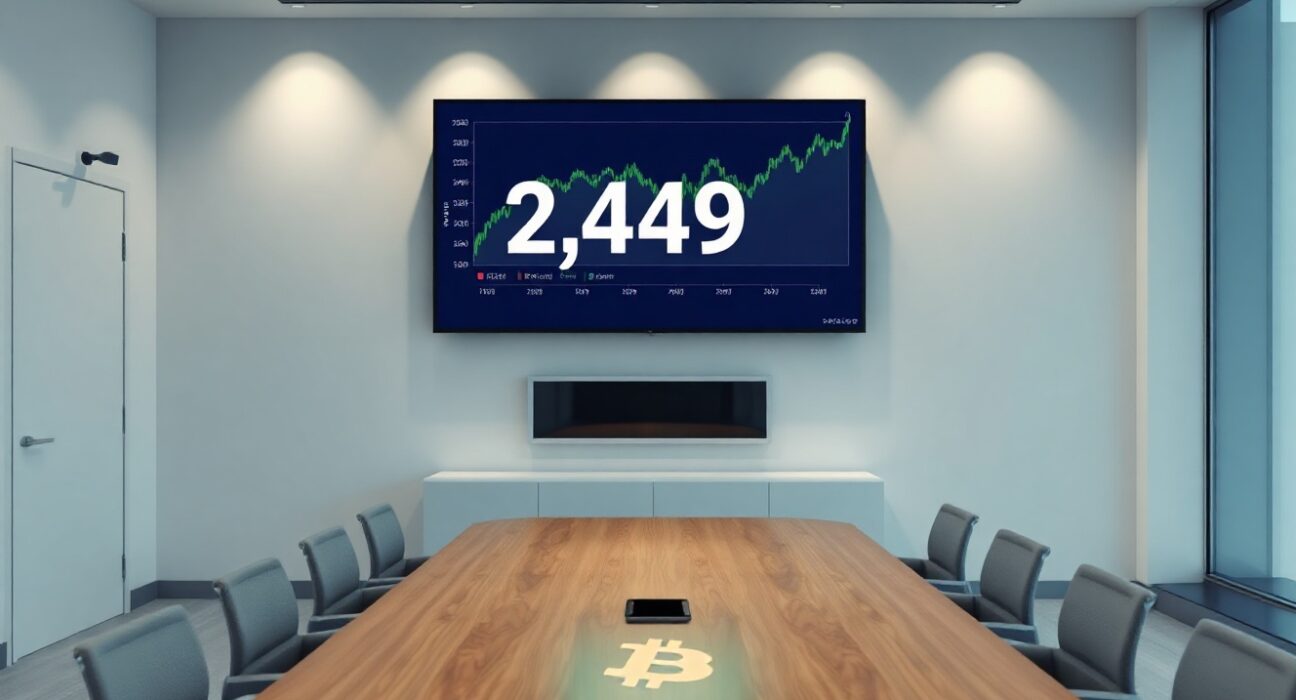 Modern corporate boardroom with a large screen displaying Bitcoin holdings of 2,449 BTC
