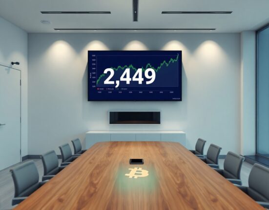 Modern corporate boardroom with a large screen displaying Bitcoin holdings of 2,449 BTC