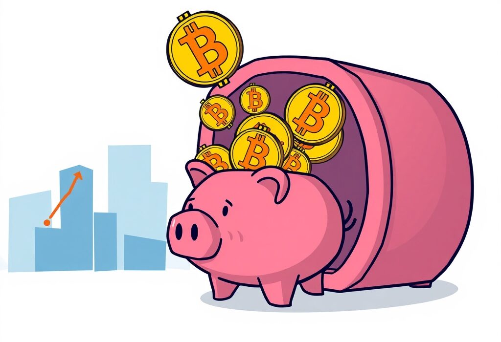 A cartoon illustration depicting the strategic Bitcoin acquisition by H100 Group, showing digital assets flowing into a corporate vault.