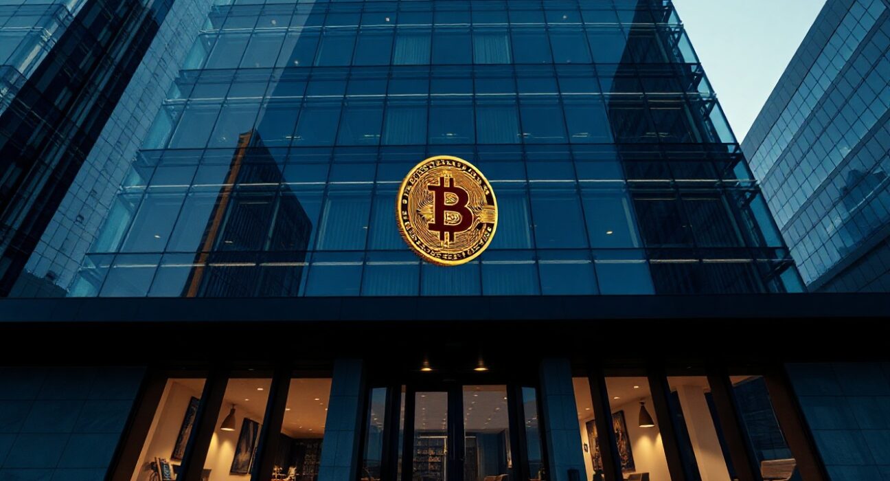 H100 Group office building in Stockholm with Bitcoin symbol on glass facade