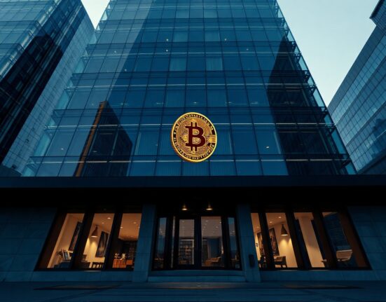 H100 Group office building in Stockholm with Bitcoin symbol on glass facade