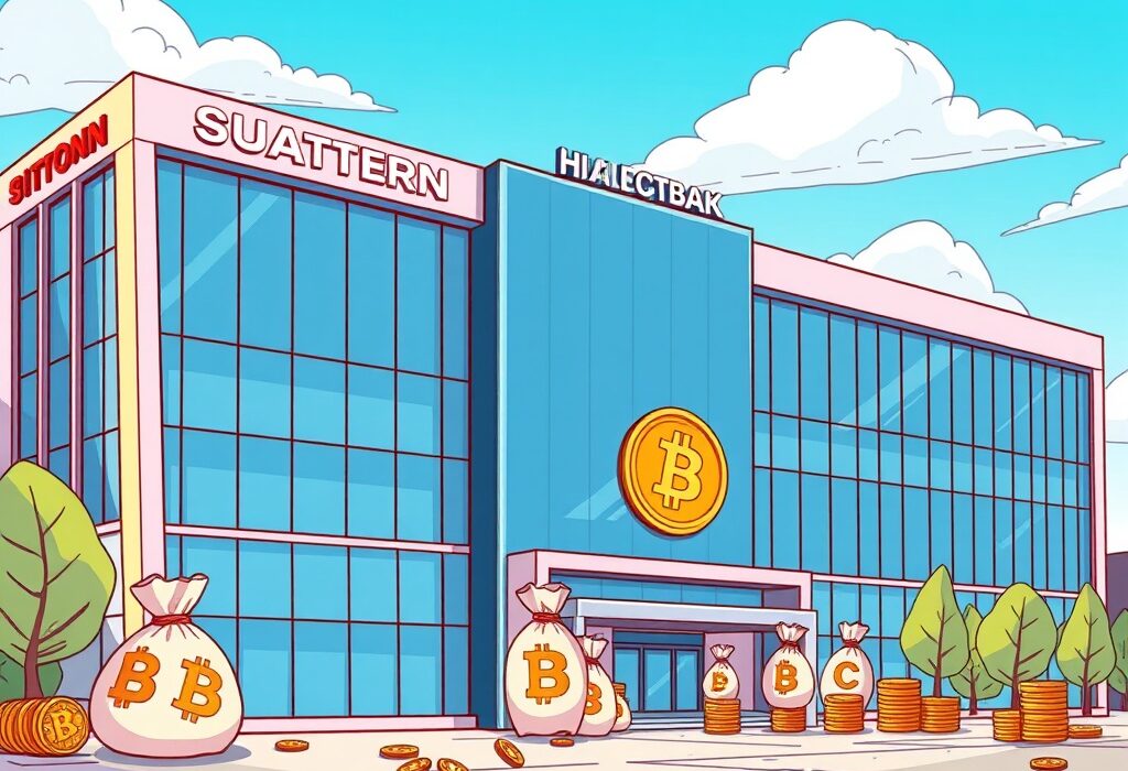 A cartoon illustration of a company building symbolizing H100 Group Bitcoin holdings, representing significant institutional Bitcoin adoption.