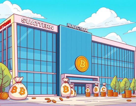 A cartoon illustration of a company building symbolizing H100 Group Bitcoin holdings, representing significant institutional Bitcoin adoption.