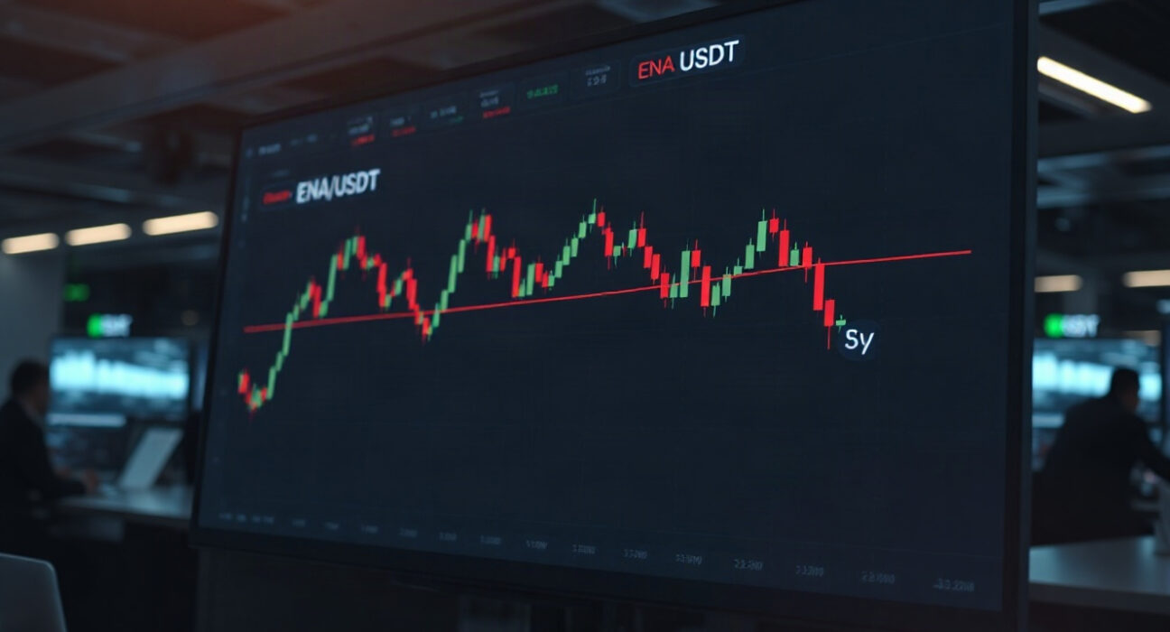 A trading screen showing ENA/USDT chart with a downward trend, in a dark office environment.