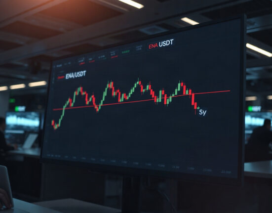 A trading screen showing ENA/USDT chart with a downward trend, in a dark office environment.