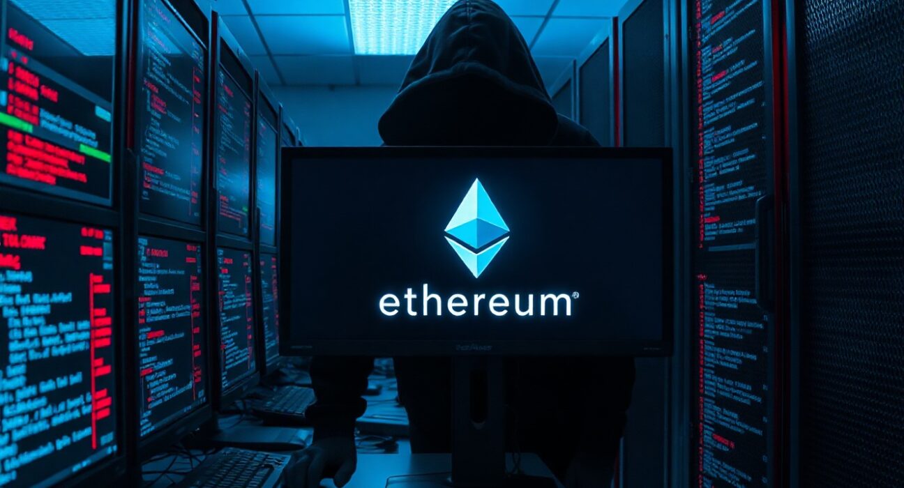 Server room monitors showing Ethereum blockchain data and security alerts after an MEV bot hack.