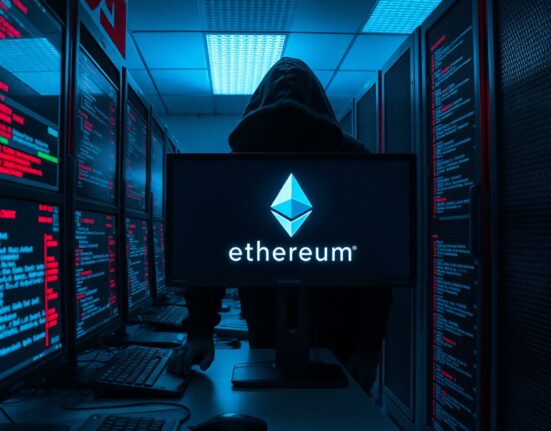 Server room monitors showing Ethereum blockchain data and security alerts after an MEV bot hack.