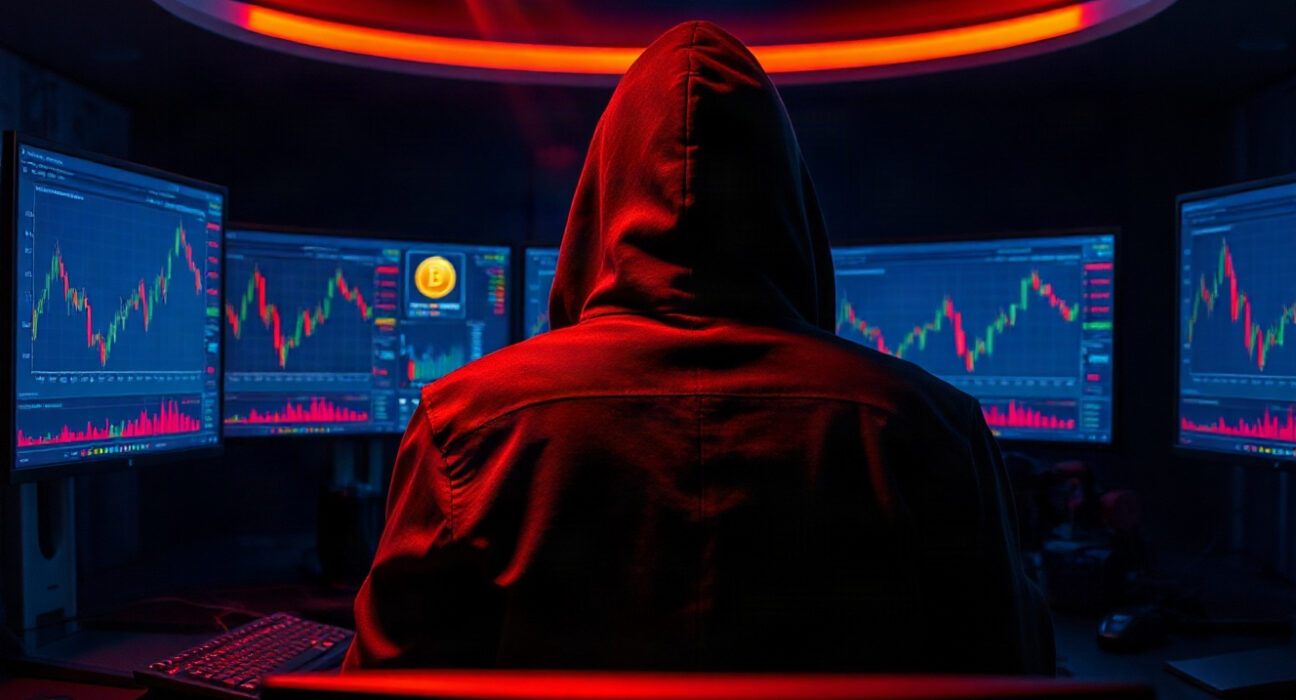 Hooded hacker in a dark room with monitors showing cryptocurrency charts and a gold coin icon