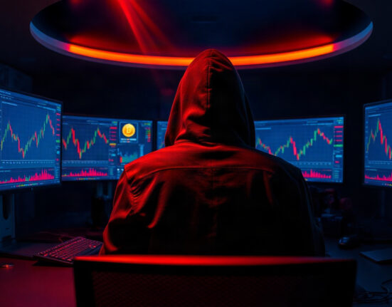 Hooded hacker in a dark room with monitors showing cryptocurrency charts and a gold coin icon