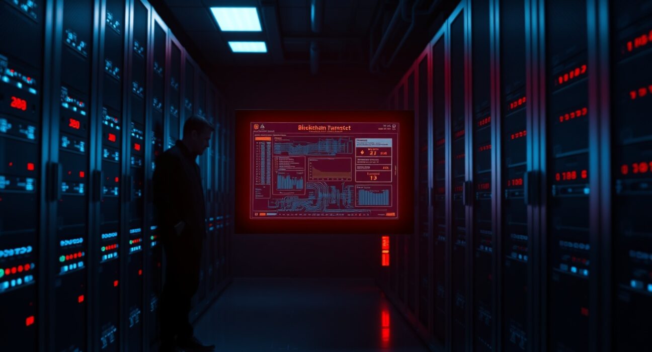 Dark server room with a glowing screen showing a blockchain transaction alert, representing a crypto hack.