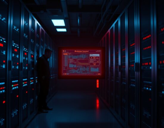 Dark server room with a glowing screen showing a blockchain transaction alert, representing a crypto hack.