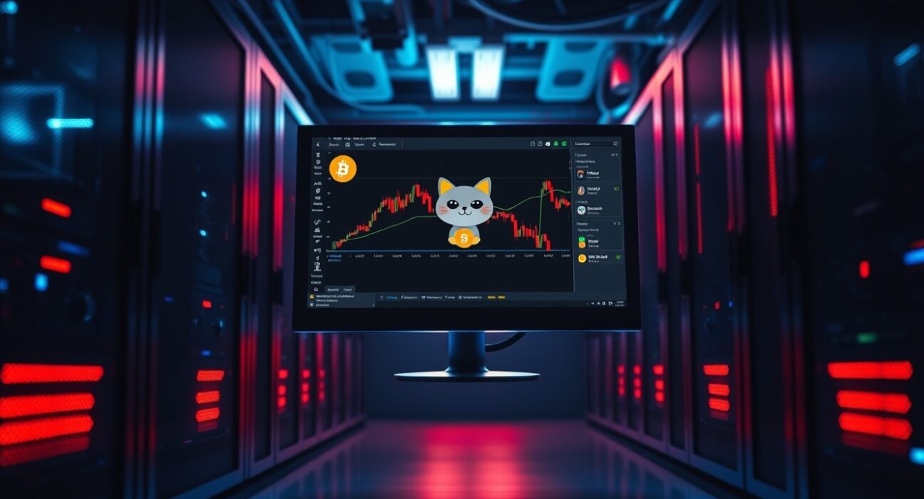 A dimly lit server room with a glowing monitor showing a cryptocurrency trading interface and a memecoin logo, evoking a cybersecurity breach.
