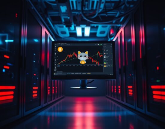 A dimly lit server room with a glowing monitor showing a cryptocurrency trading interface and a memecoin logo, evoking a cybersecurity breach.