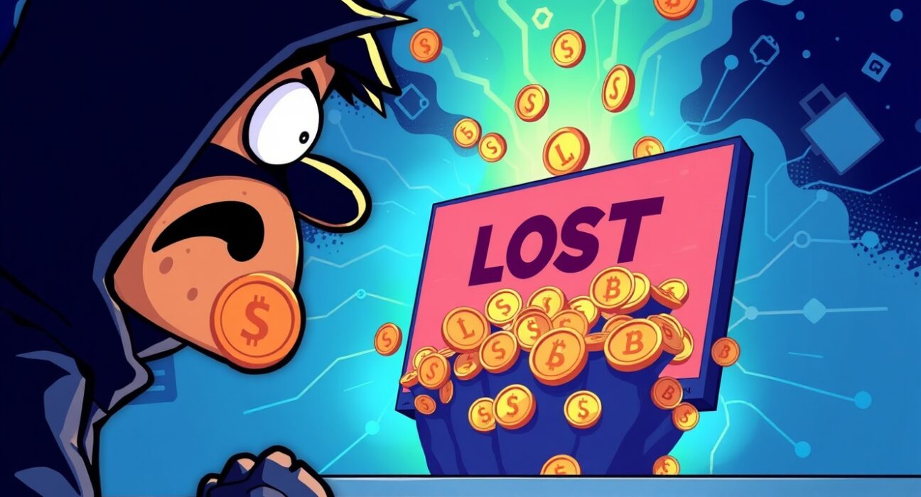 Cartoon illustration of a hacker losing UXLINK tokens to a phishing scam, highlighting the dangers of digital deception.