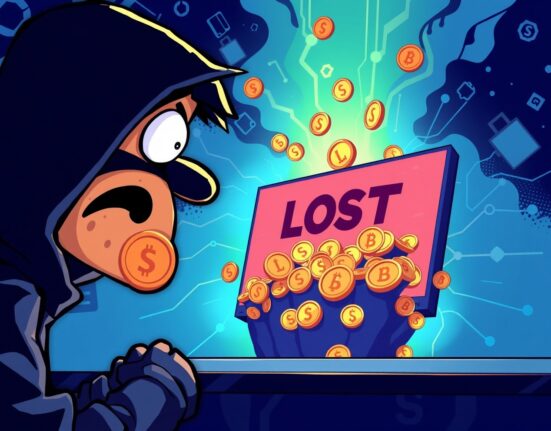 Cartoon illustration of a hacker losing UXLINK tokens to a phishing scam, highlighting the dangers of digital deception.