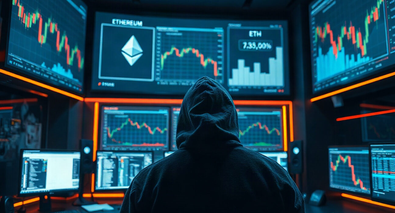 Hooded hacker monitoring Ethereum price charts and blockchain data on multiple screens