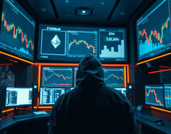 Hooded hacker monitoring Ethereum price charts and blockchain data on multiple screens