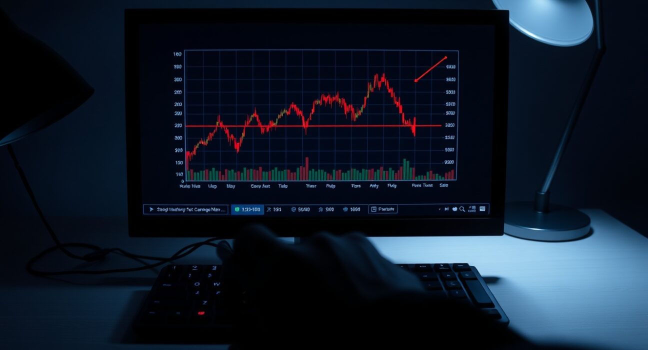 Cryptocurrency trading chart showing a sharp price crash on a computer screen in a dimly lit room.