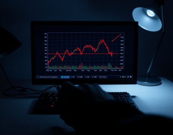 Cryptocurrency trading chart showing a sharp price crash on a computer screen in a dimly lit room.