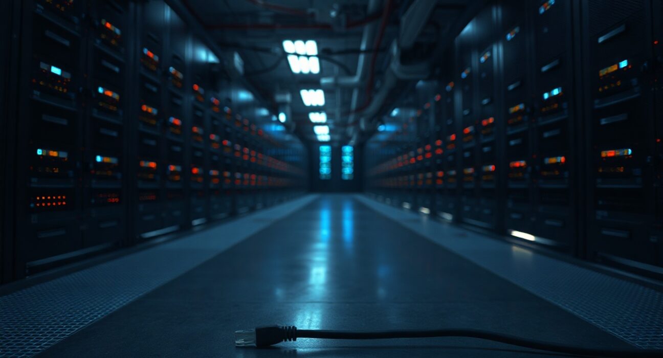 Severed network cable in a dimly lit data center server room, symbolizing a cybersecurity breach.