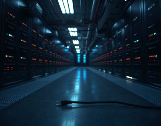 Severed network cable in a dimly lit data center server room, symbolizing a cybersecurity breach.