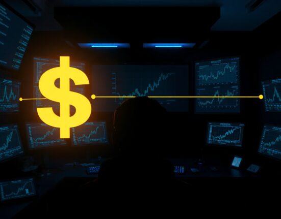 Digital USDS stablecoin symbol being transferred across a blockchain network in a dark control room.