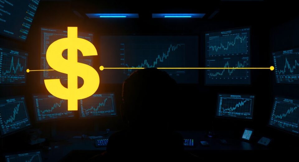 Digital USDS stablecoin symbol being transferred across a blockchain network in a dark control room.