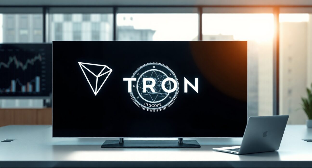 Digital display showing Tron blockchain and HLSCOPE tokenized fund in modern financial office setting