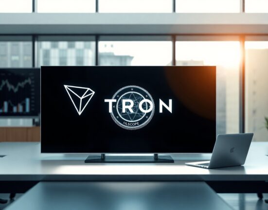 Digital display showing Tron blockchain and HLSCOPE tokenized fund in modern financial office setting