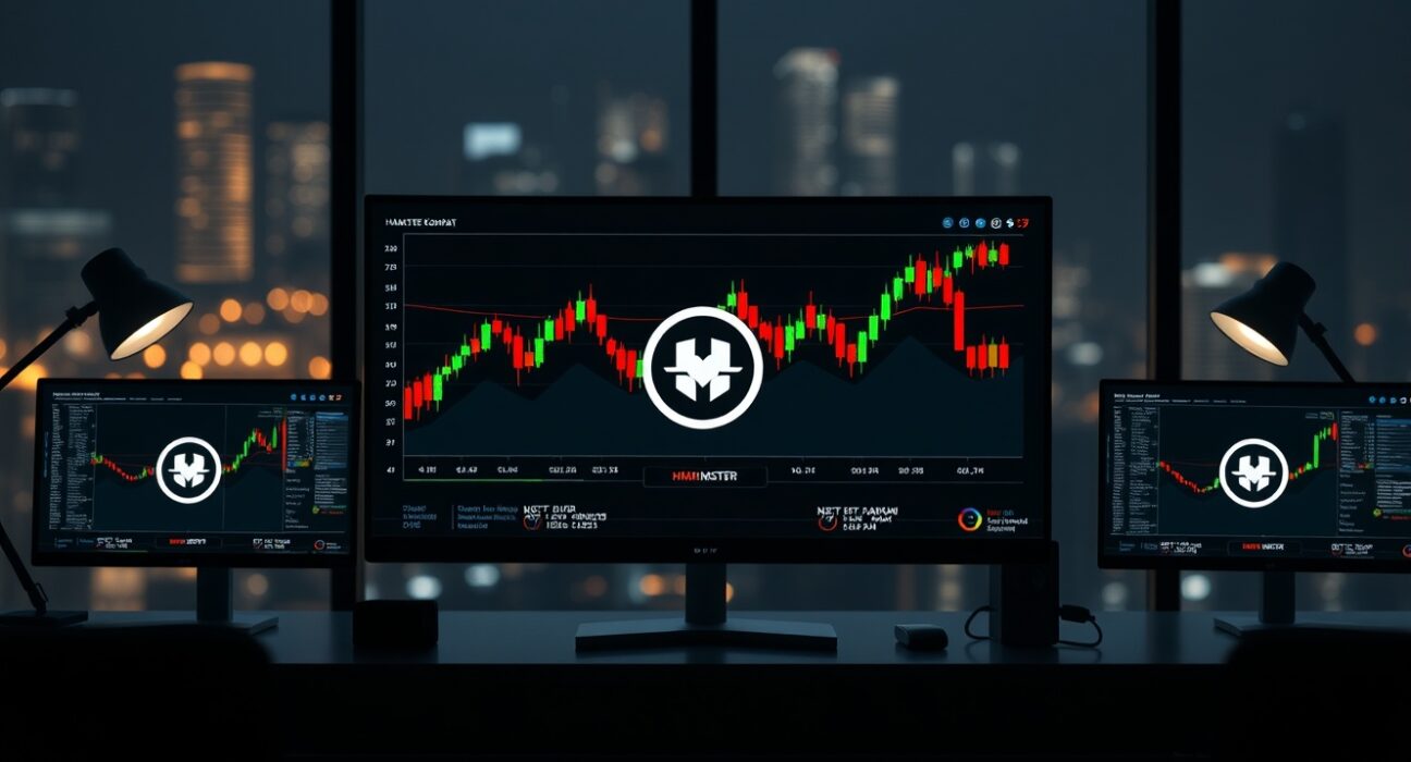 Cryptocurrency trading monitors showing Hamster Kombat price chart in a professional trading environment